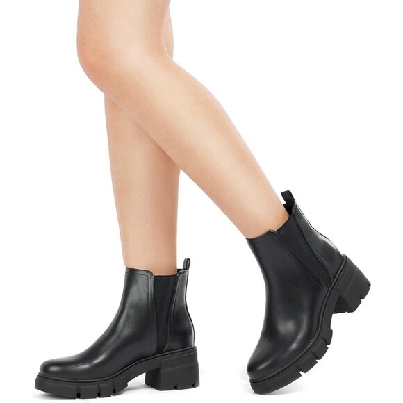 Redtop Women's Black Faux Leather Elastic Chunky Block Heel Lug Sole Ankle Boot - Picture 7 of 8